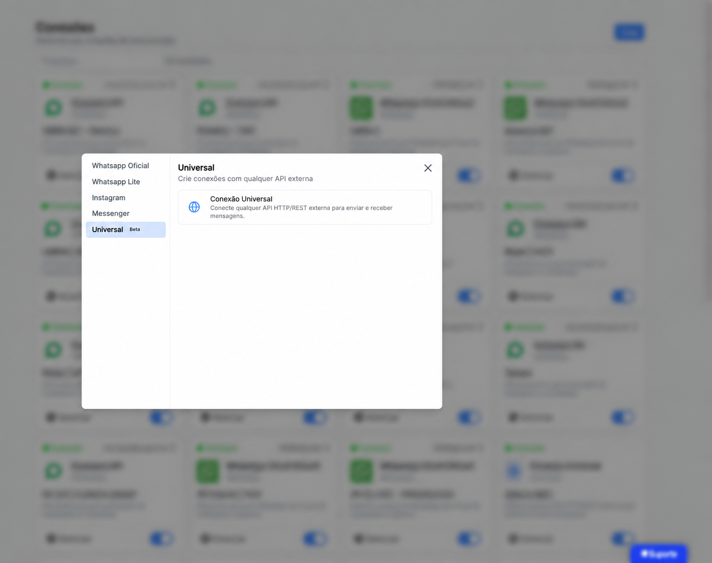Janela da Conexão Universal em foco no Datacrazy, com várias conexões desfocadas ao fundo.