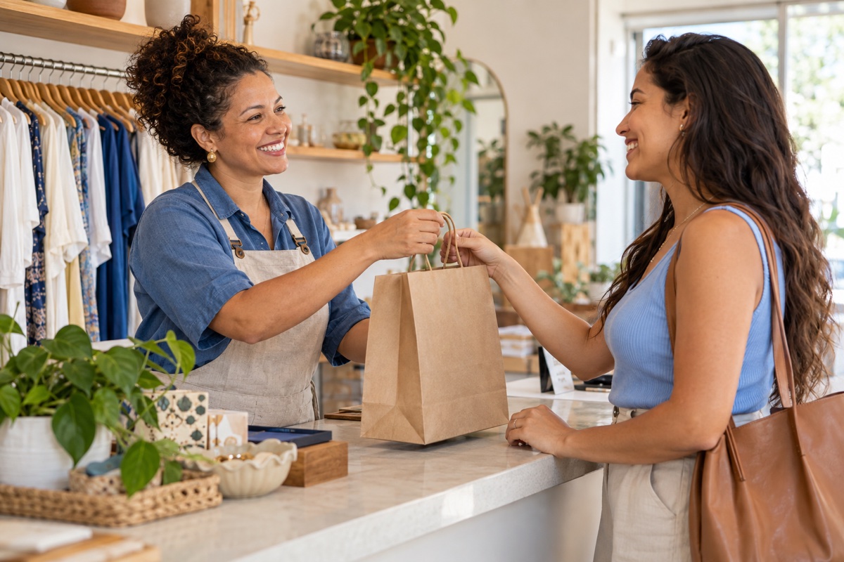 Empreendedora e cliente sorrindo durante um atendimento em um pequeno negócio