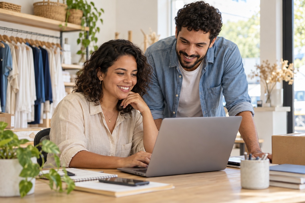 Duas pessoas sorrindo enquanto trabalham juntas em um notebook em uma pequena empresa